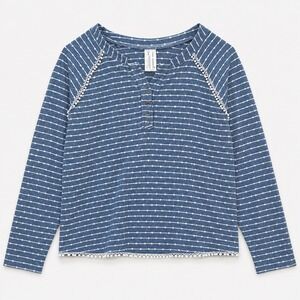 Boho Henley Nautical Navy Stripes Icon Apparel Womens Lace Trim Top Preppy sz  L